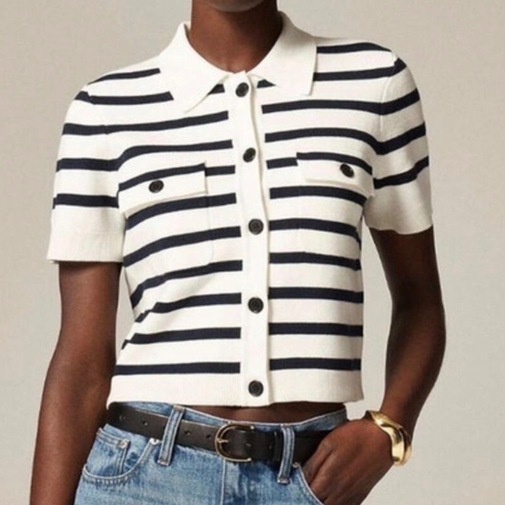NWT J. Crew Collared Short-Sleeve Cardigan Stripe Polo Sweater Ivory Navy - 2X